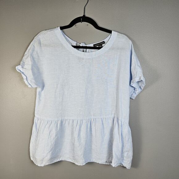 Saks Fifth Avenue Linen Peplum Top Short Sleeve Pale Blue Tie Back Size Medium - Picture 1 of 5